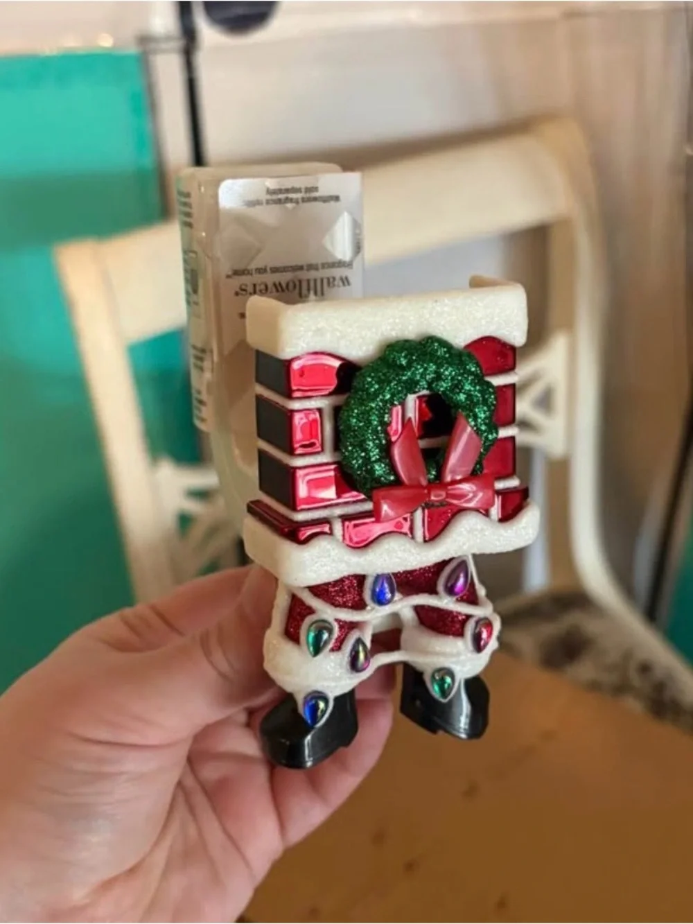 Wallflower Holiday Chimney Ornament with Green Wreath and Red Accents